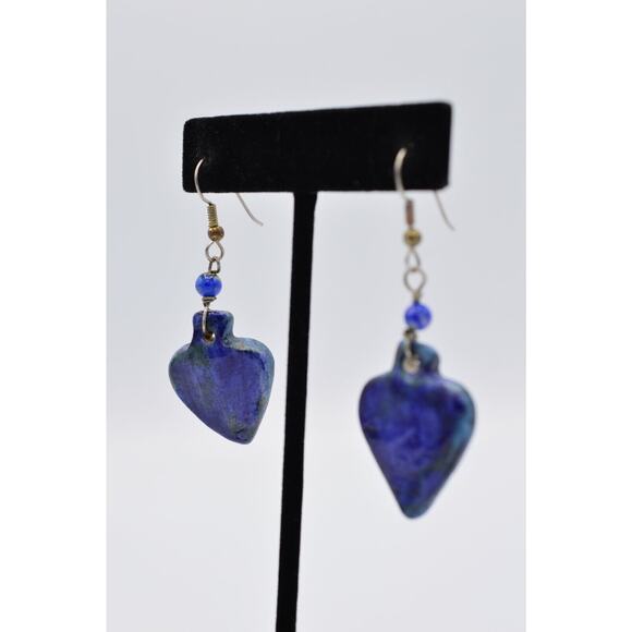 Vintage Heart Earrings Blue Painted Porcelain Dangle Valentine's 1980s Bin8 - Picture 3 of 8